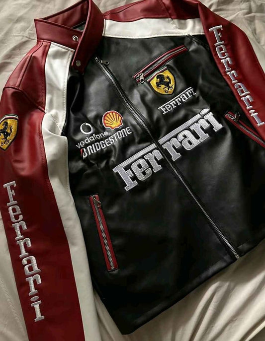 Ferrari Racing Fully Leather Embroidered Jacket in Black& Brawn