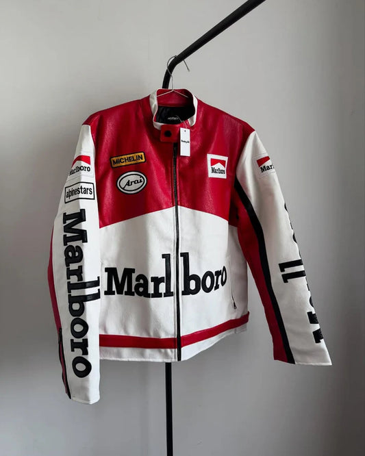Marlboro Racing Fully Leather Embroidered Jacket in White & Red