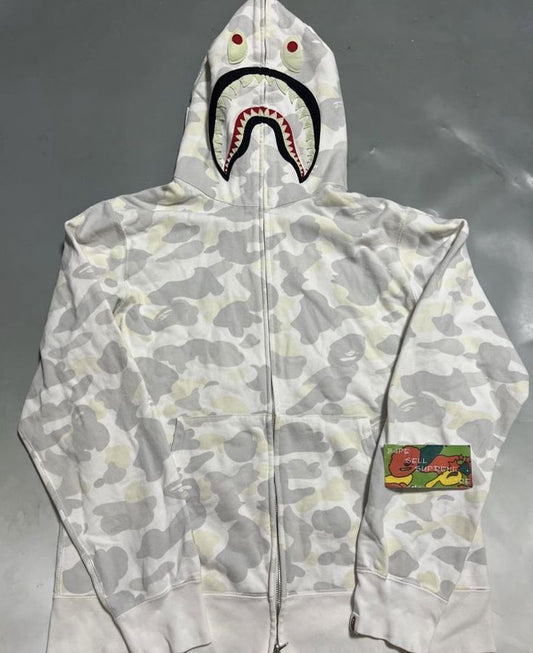 Bape White and Gray Camo Shark Full Zip Parker Hoodie