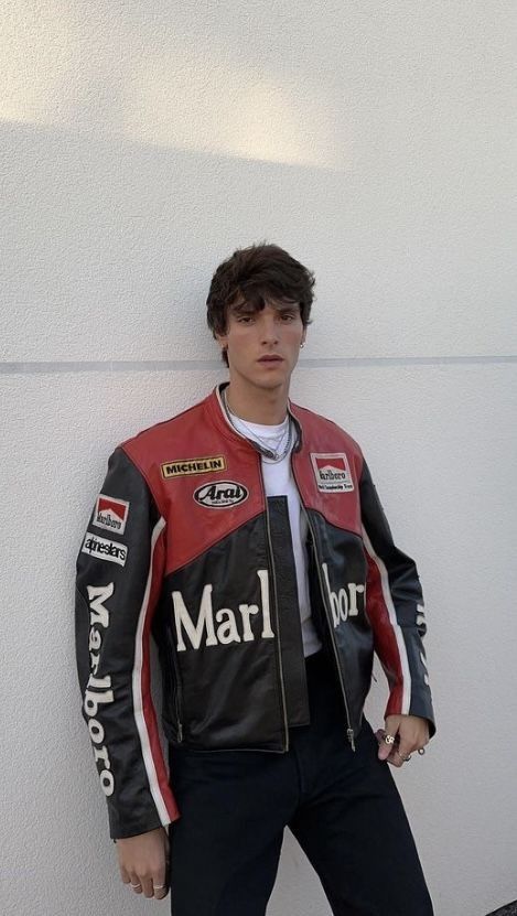 Marlboro Racing Fully Leather Embroidered Jacket in Red & Black