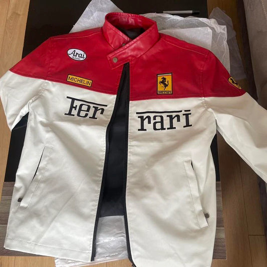 Ferrari Racing Fully Leather Embroidered Jacket in Red& White
