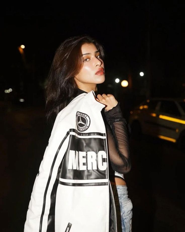 Mercedes Racing Fully Leather Embroidered Jacket in White & Black