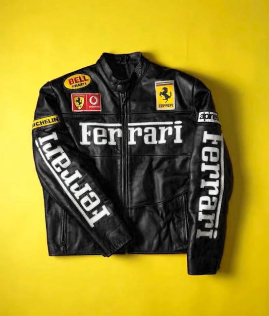 Ferrari racing Fully Leather Embroidered Jacket in Black