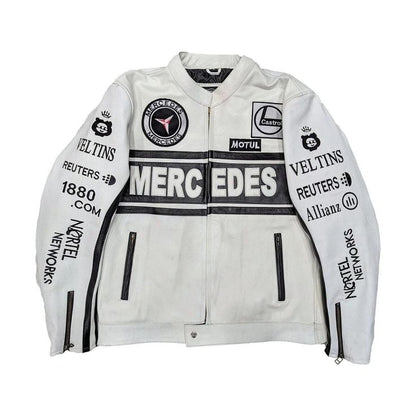 Mercedes Racing Fully Leather Embroidered Jacket in White & Black