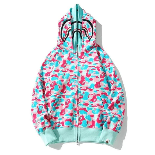 BAPE Camo Shark Hoodie, Double-Layer Pink Blue
