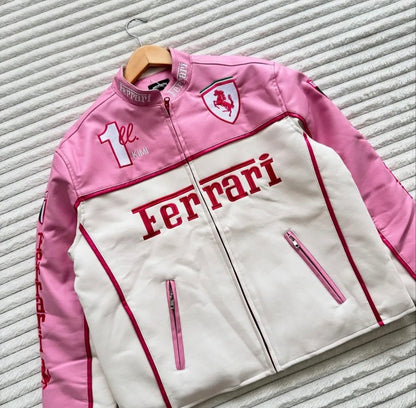 Ferrari Racing Fully Leather Embroidered Jacket in Pink