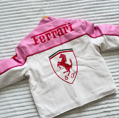 Ferrari Racing Fully Leather Embroidered Jacket in Pink