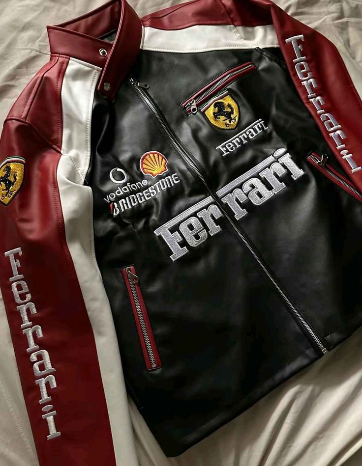 Ferrari Racing Fully Leather Embroidered Jacket in Black& Brawn