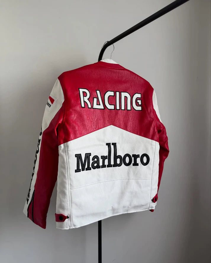 Marlboro Racing Fully Leather Embroidered Jacket in White & Red