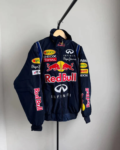 Red Bull Fully Leather Embroidered Racing Jacket in Blue