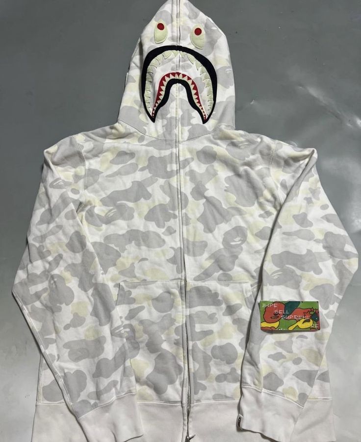 Bape White and Gray Camo Shark Full Zip Parker Hoodie