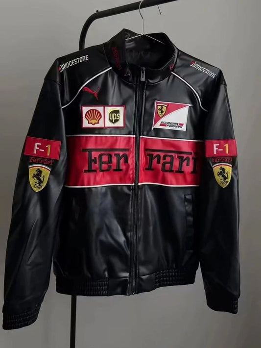 Ferrari Racing Jacket Fully Embroidered in Leather