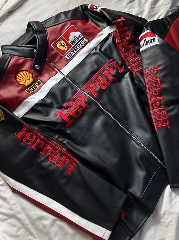 Ferrari Racing Fully Leather Embroidered Jacket Red & Black