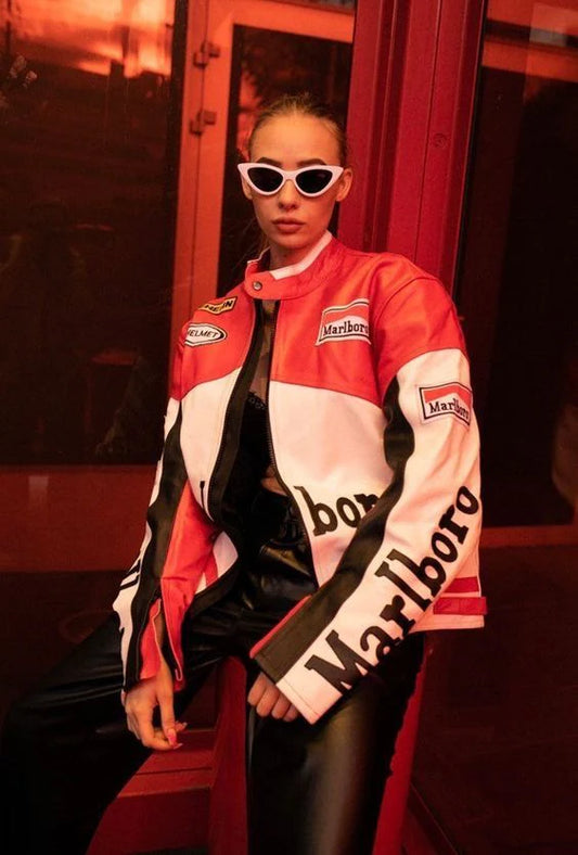 Marlboro Racing Fully Leather Embroidered Jacket in Red & White