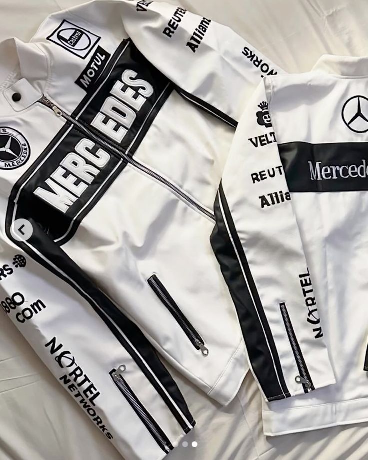 Mercedes Racing Fully Leather Embroidered Jacket in White & Black
