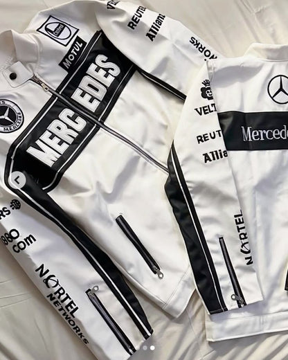 Mercedes Racing Fully Leather Embroidered Jacket in White & Black