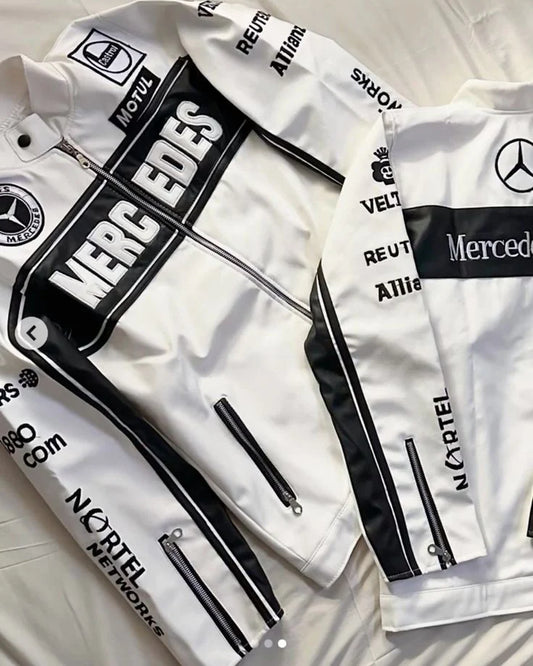 Mercedes Racing Fully Leather Embroidered Jacket in White & Black