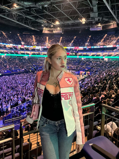 Ferrari Racing Fully Leather Embroidered Jacket in Pink
